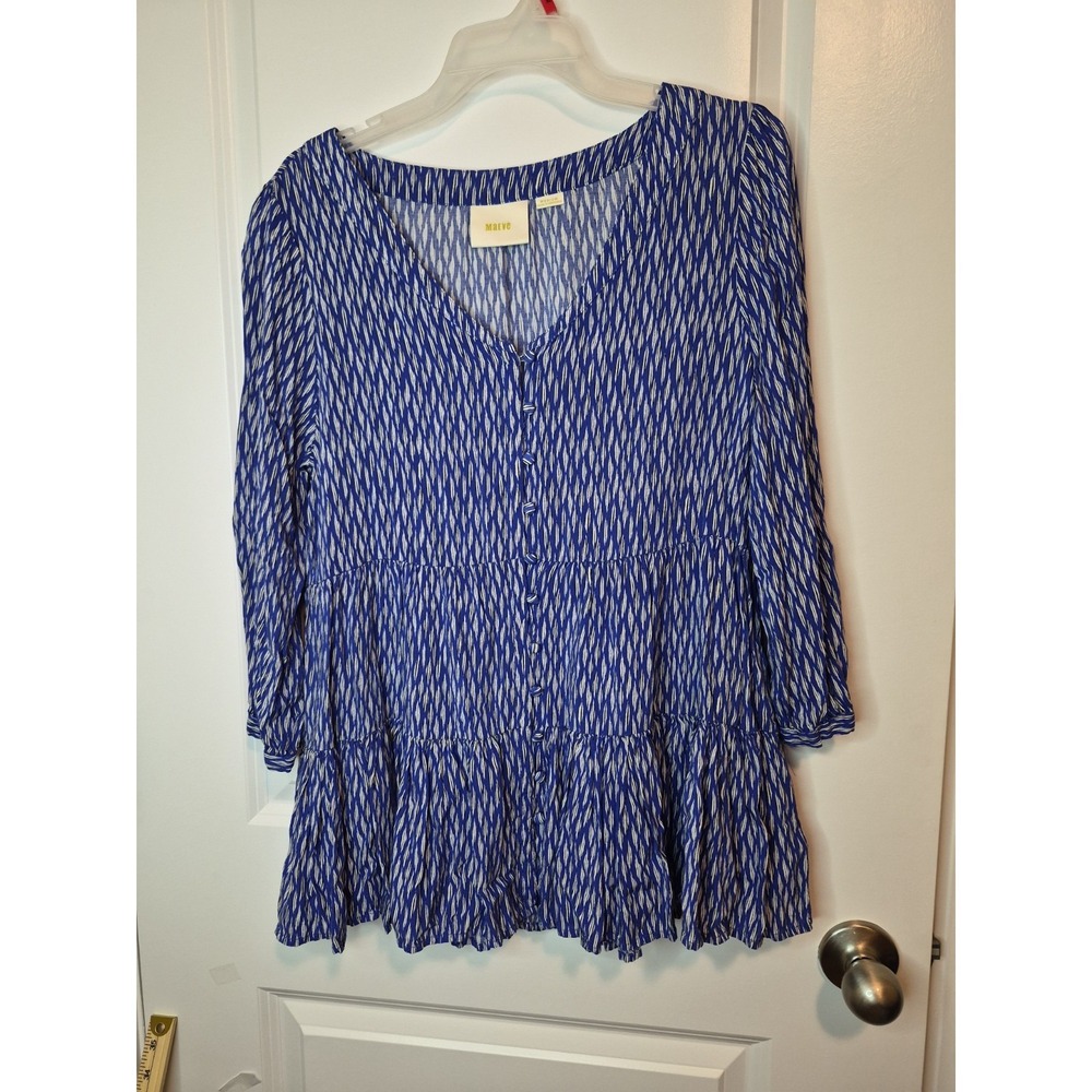Anthropologie Maeve Lila Tunic Top Women Medium Blue Striped Button Tiered Boho